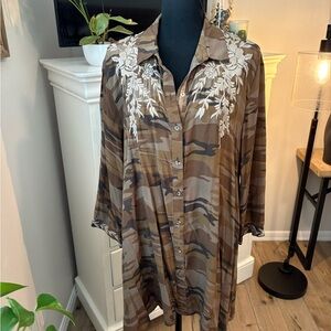 Johnny Was Camouflage Button-Up with Floral Embroidery, L